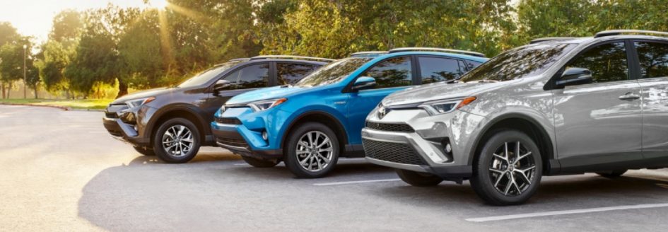 Three 2018 Toyota RAV4 crossover SUVs.